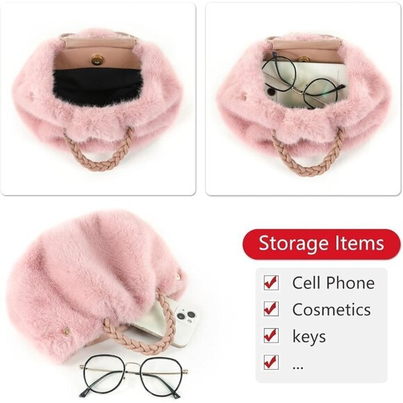 ✨ Fur Story  Faux Fur Fuzzy Women White Plush Tote Big Capacity Girls Handbag - Picture 5 of 5